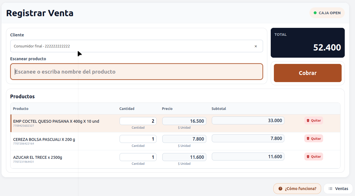 Pantalla Registrar Venta de POS-IT con cliente, buscador de productos, lista de productos con cantidad, precio y subtotal, total y botón Cobrar